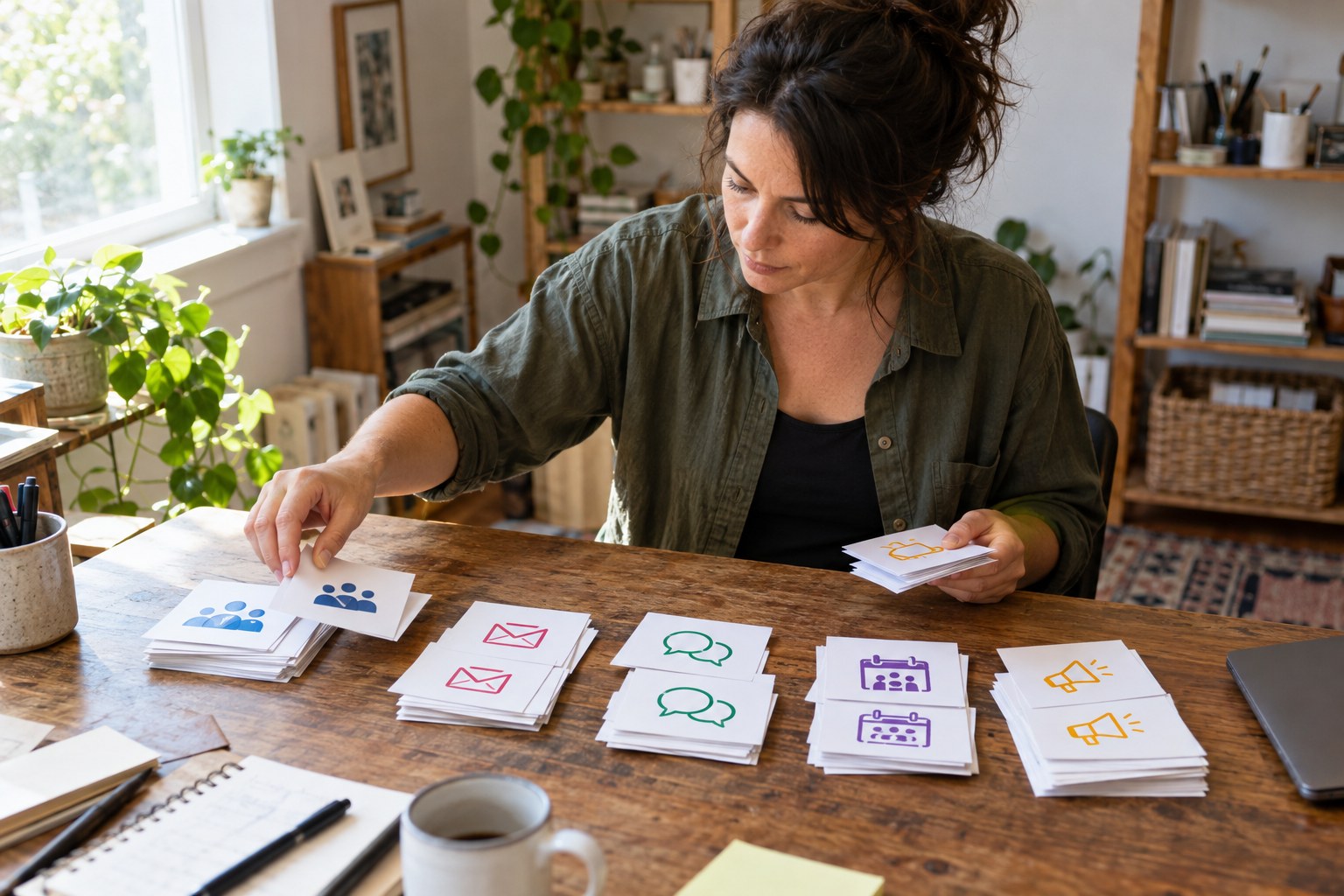 Business owner sorting member acquisition sources on paper cards