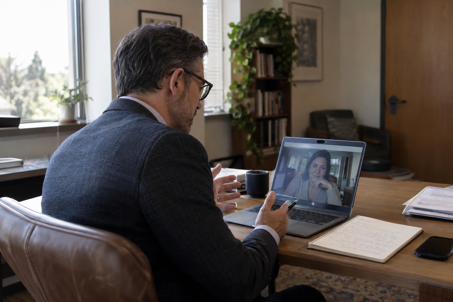 Adviser conducting a private video consultation in a web portal