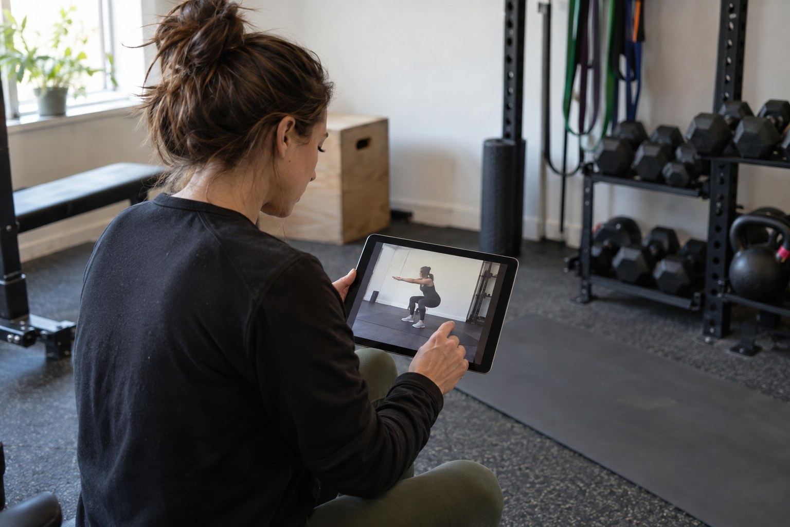 Fitness creator reviewing a member exercise recording