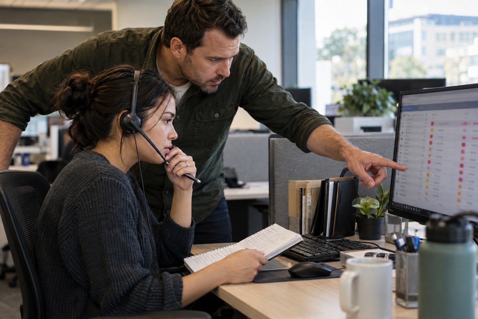 Support supervisor examining an exception queue with a colleague