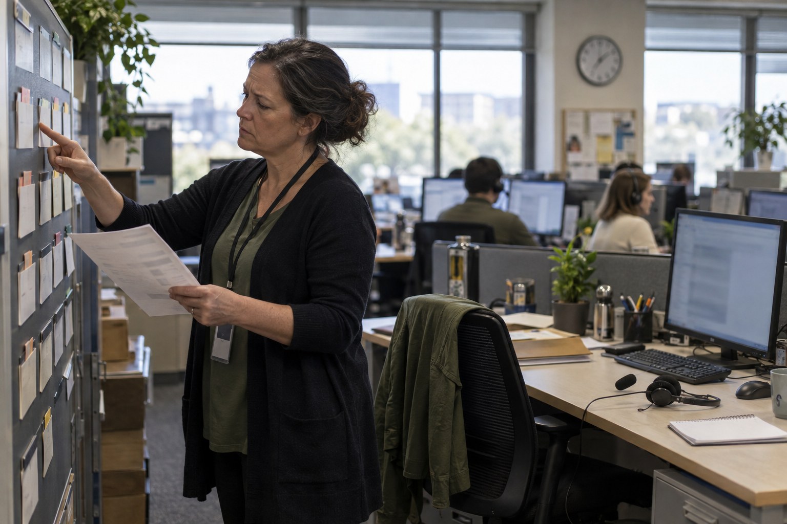 Support supervisor investigating an unclaimed case in an operations room