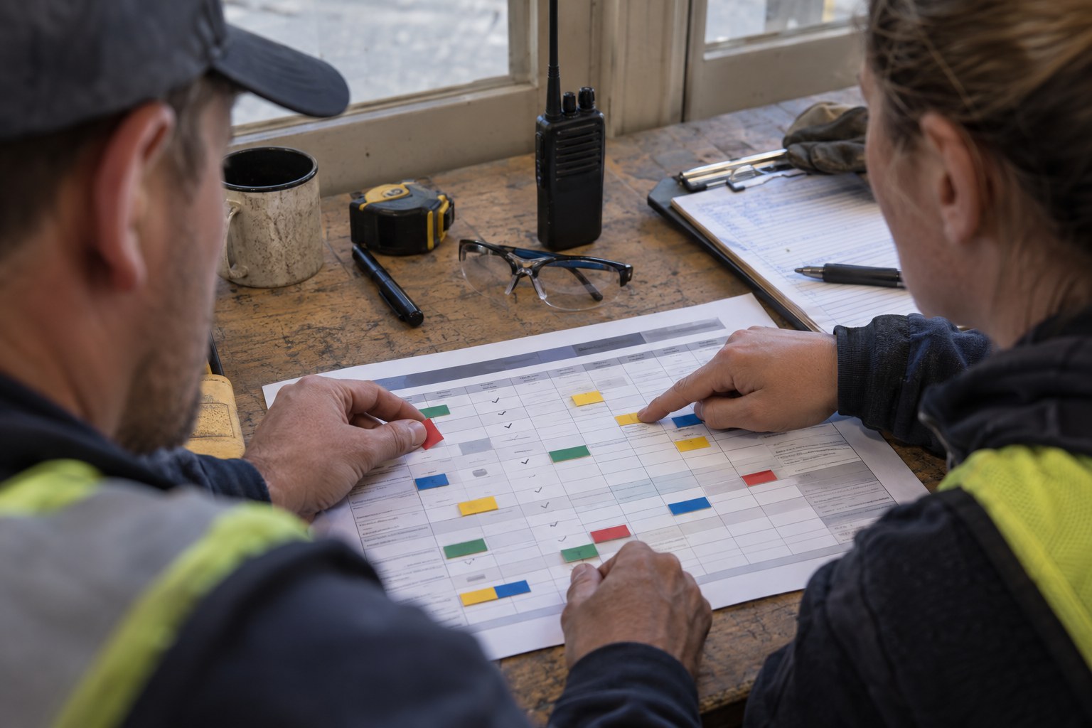 Printed responsibility matrix being reviewed beside operations tools