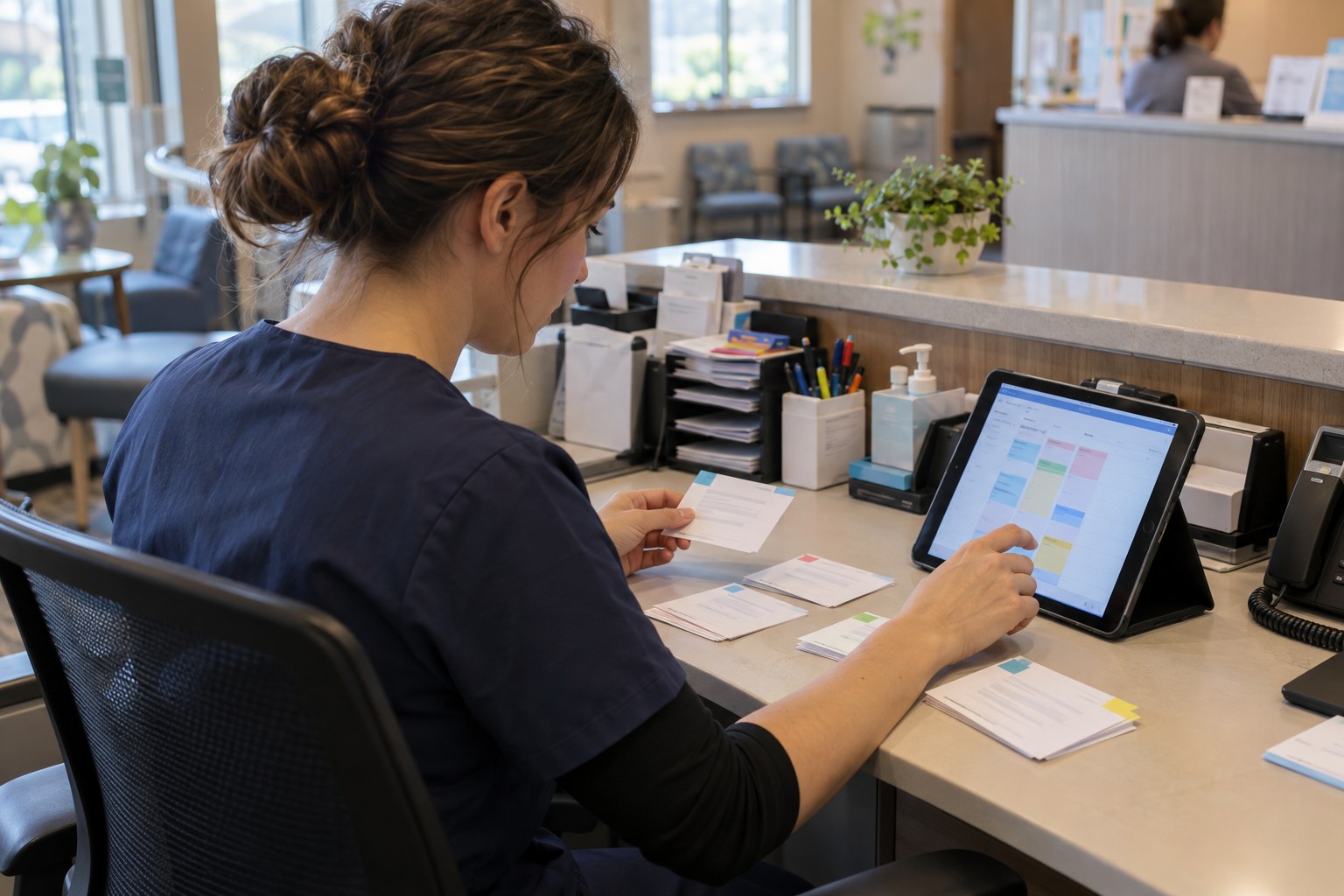 Clinic coordinator reconciling appointment requests during an automation pilot