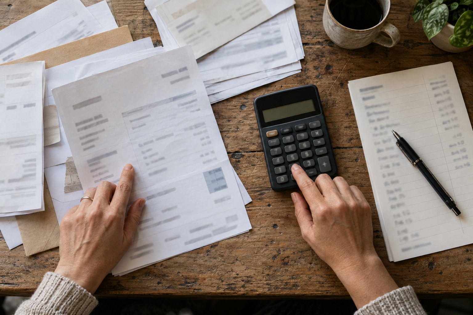 Founder calculating membership costs with invoices and a calculator