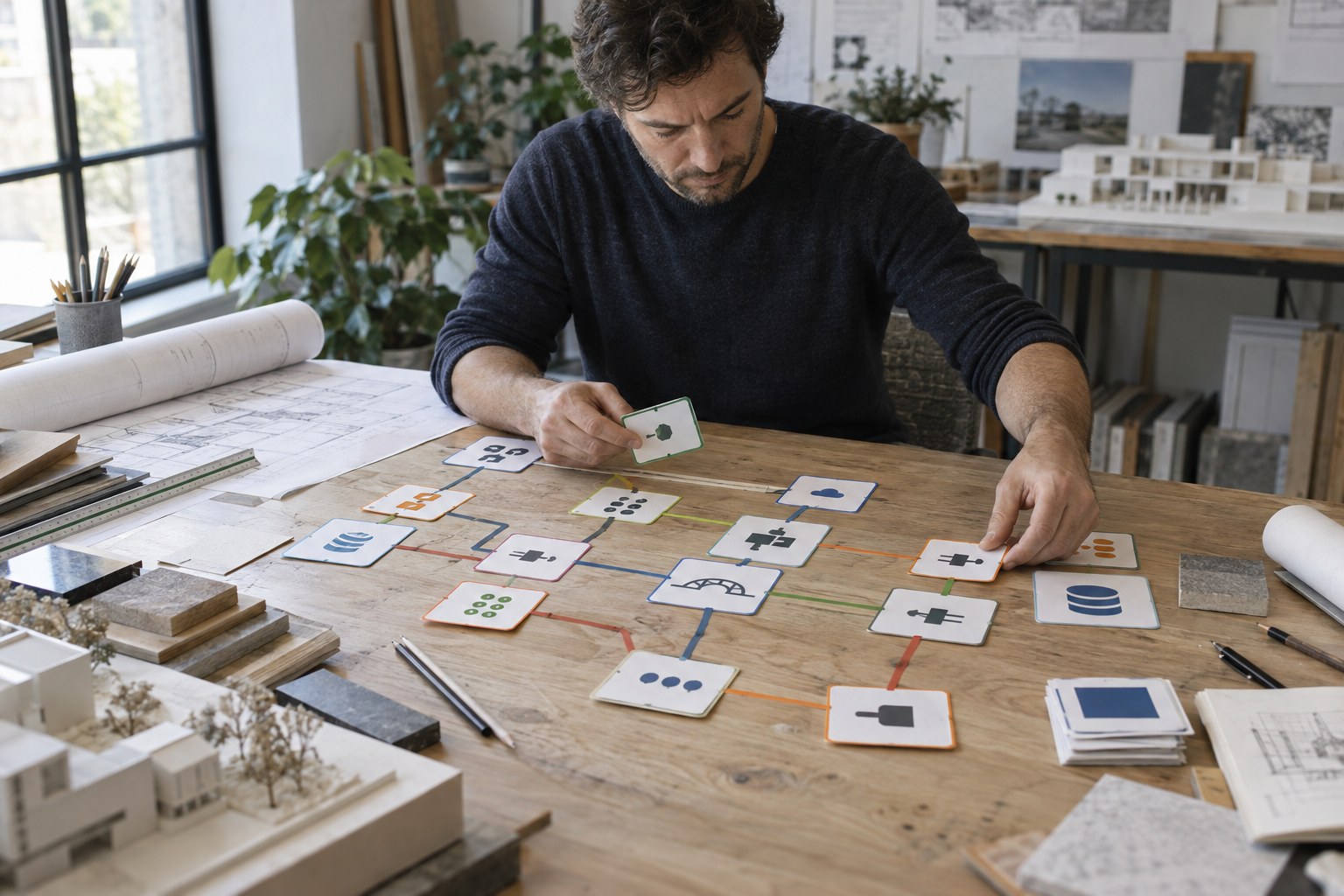 Architect sorting integration options on a desk