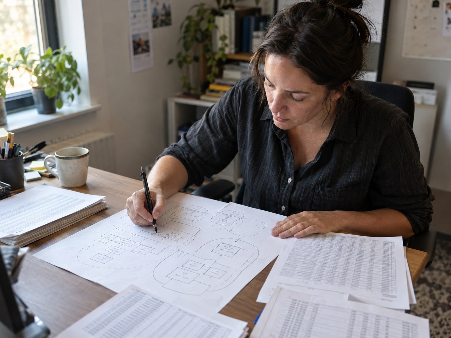 Operations lead marking payout system boundaries on paper beside transaction exports
