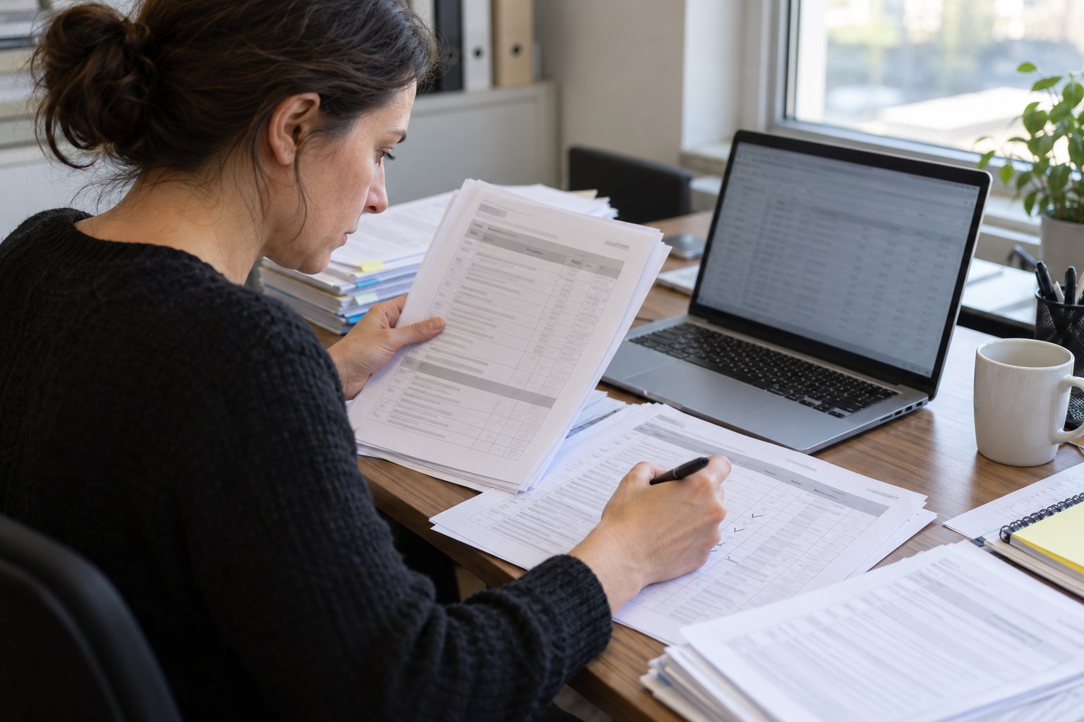 Process owner reconciling workflow records beside printed score sheets