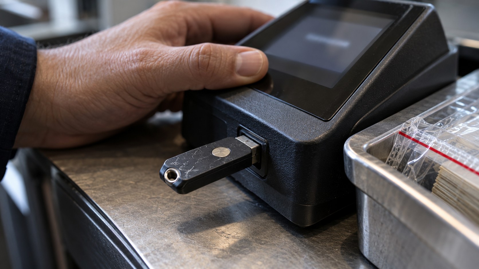 Close-up of a worn security key inserted into a payout approval terminal as an operator steadies it beside a sealed evidence tray.