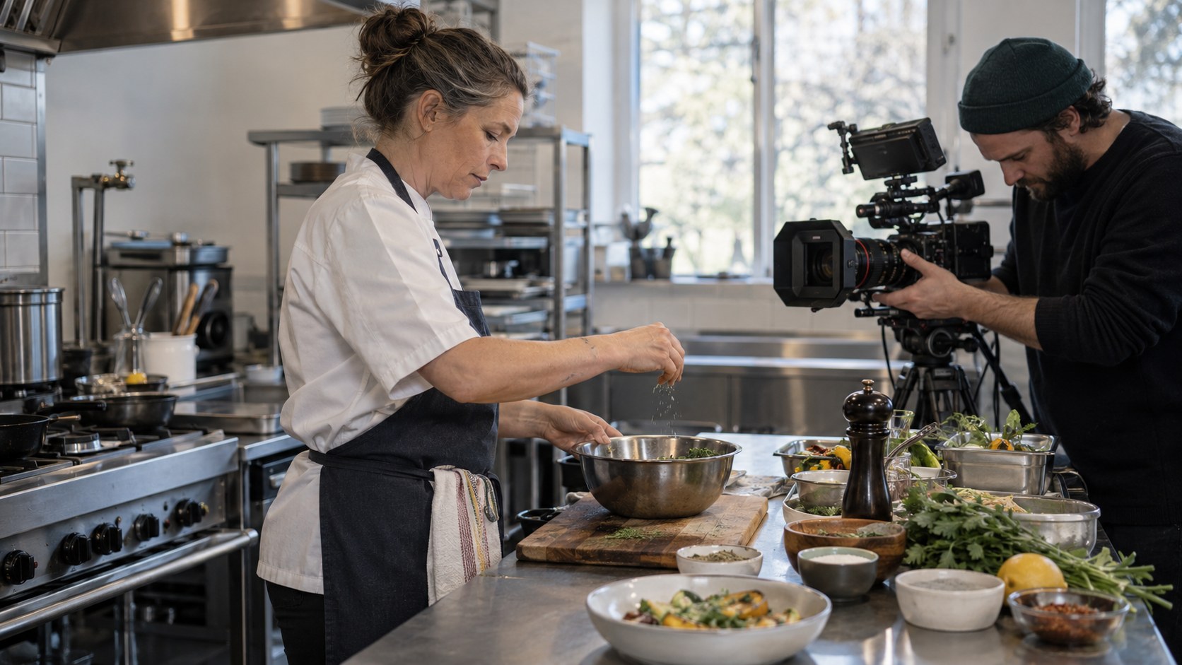Cooking instructor seasons a dish at a stainless-steel prep station while a camera operator checks focus in a.