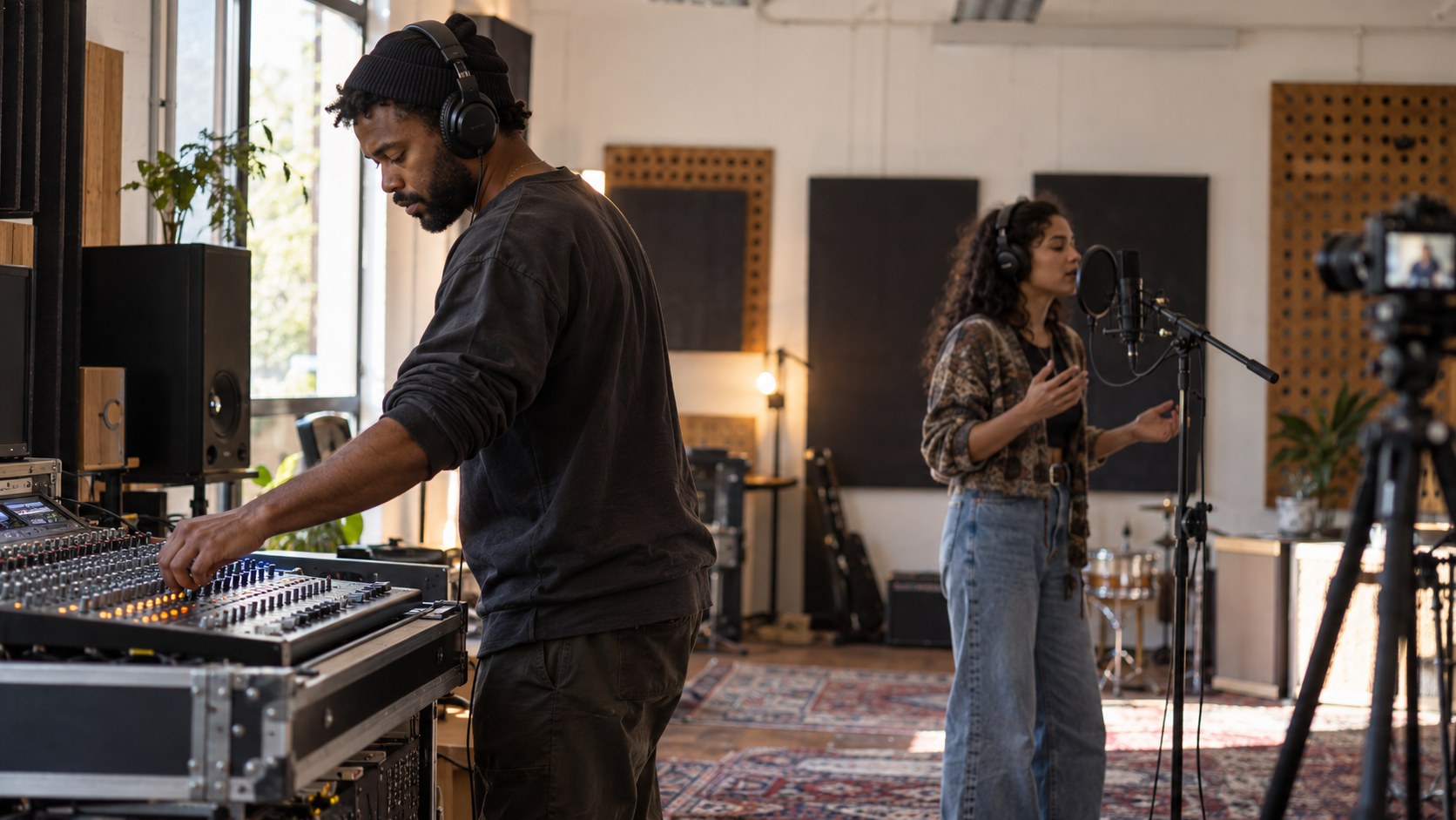 Standing producer adjusts a physical audio mixer as a creator rehearses at a microphone in a naturally lit community studio with a camera tripod.