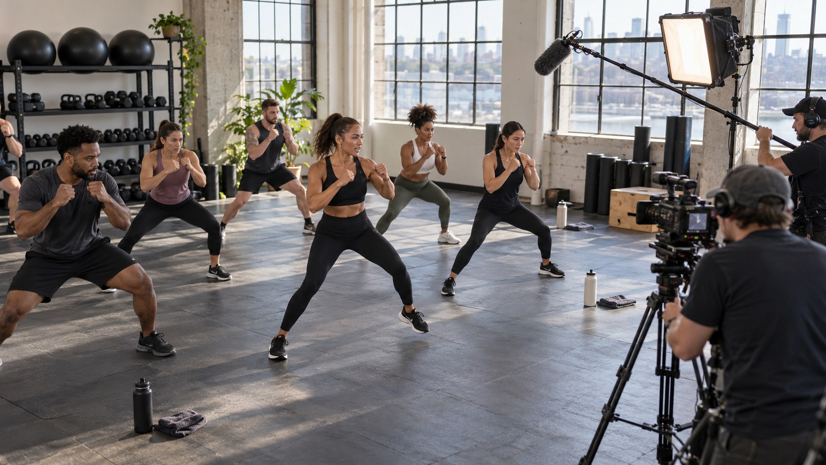 Fitness instructor leads an active studio class while a production crew operates a camera, boom microphone, and lighting beside the participants.