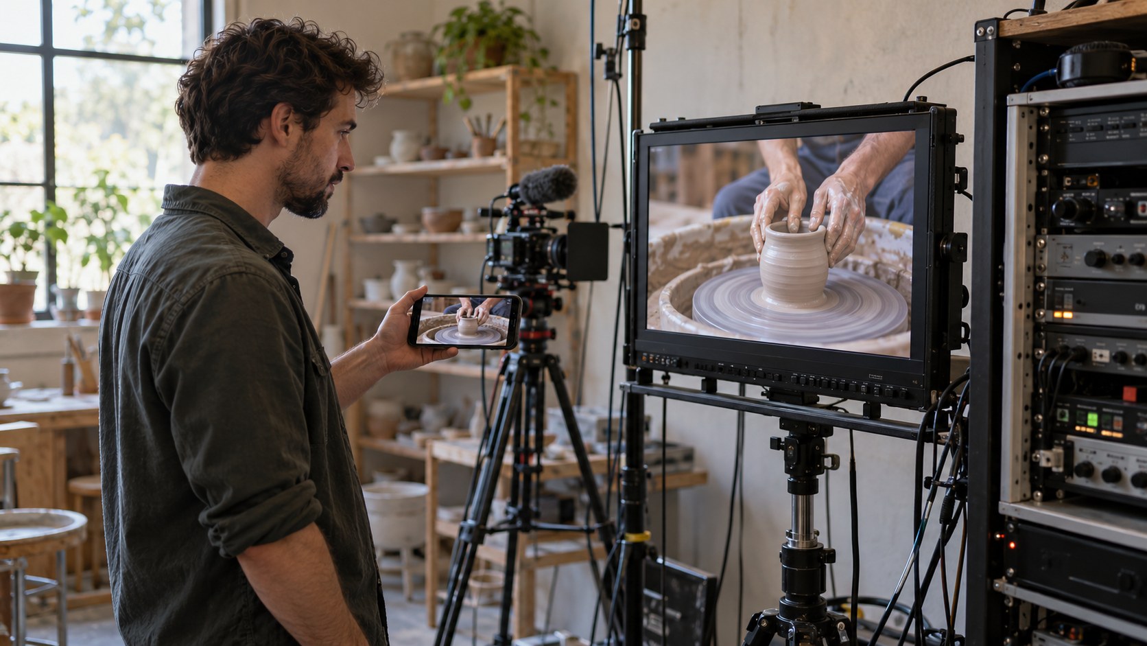 Standing technician checks pottery lesson playback on a phone beside a studio monitor and recording equipment in a naturally lit ceramics media room.