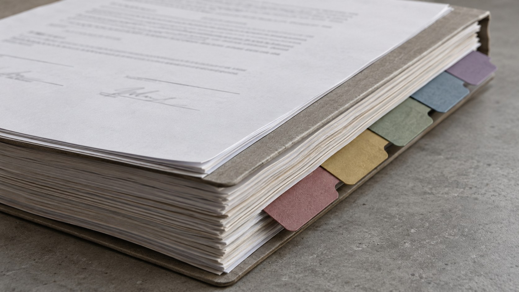 Close view of a thick creator agreement packet with five colored divider tabs and an illegible signature page in.
