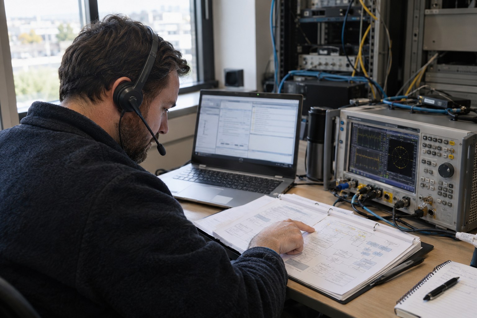 On-call operator checking a printed incident runbook beside communication test equipment