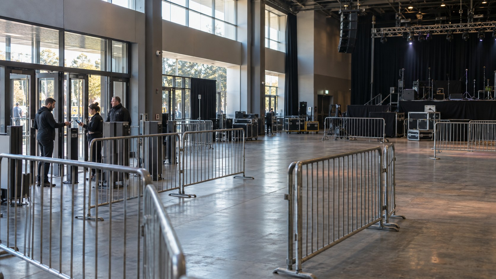 Wide daylight view of an empty event hall with entry barriers, stage equipment.