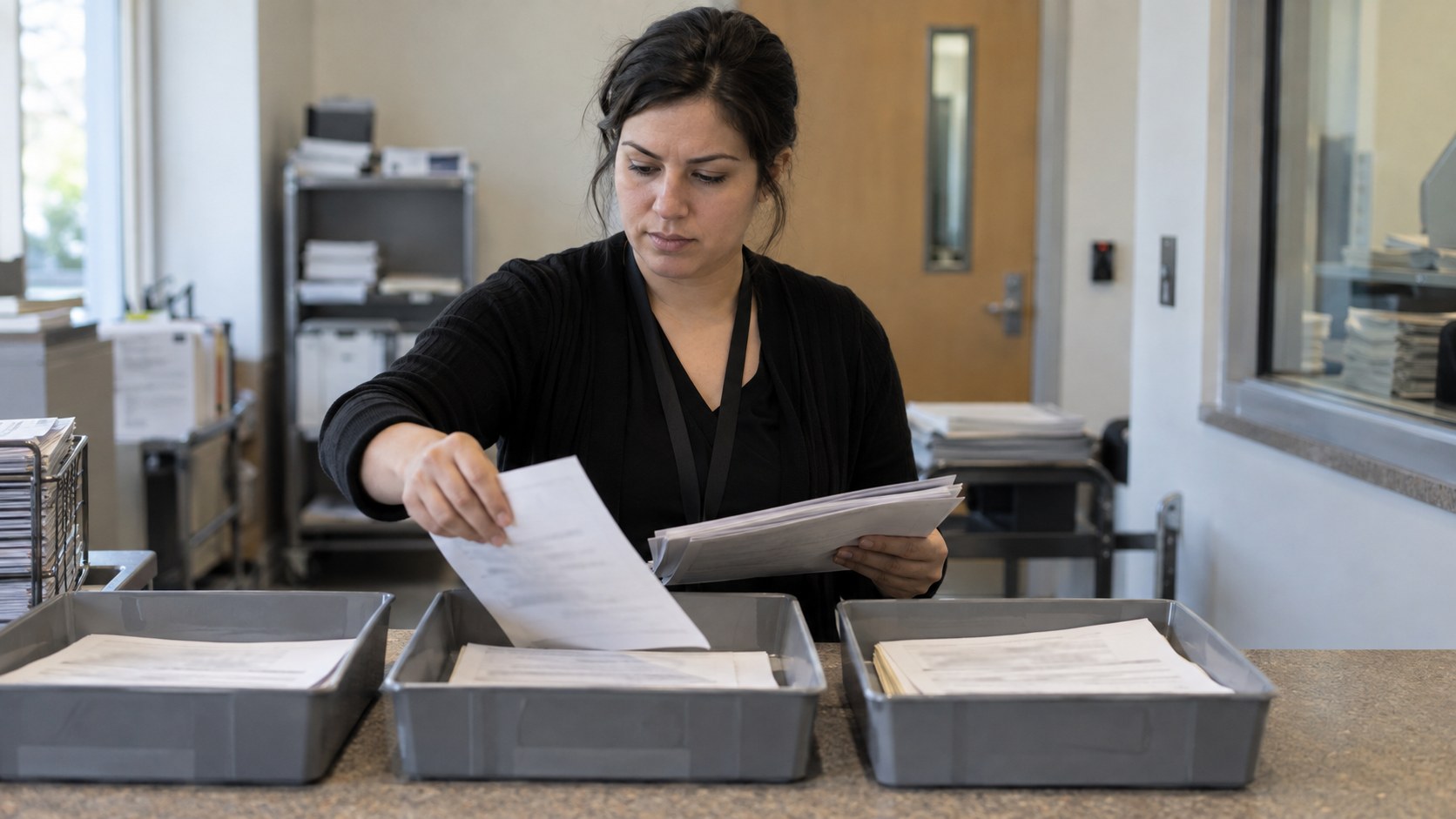 A moderator sorts printed case summaries into three separate intake trays at a secure records counter lit by natural side light.
