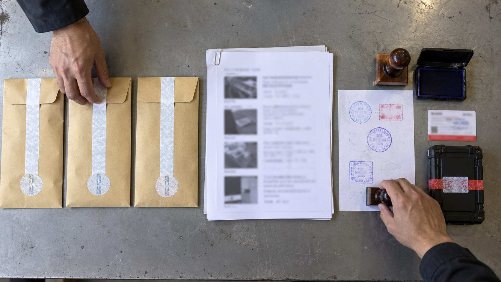 Overhead view of two hands checking sealed envelopes, blurred test sheets, approval stamps, a contact card, and a secured backup drive.