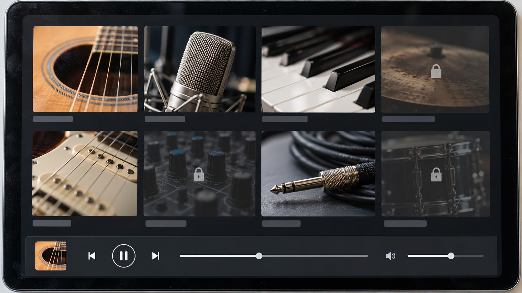 Close frontal view of an unbranded tablet showing music image tiles, locked access states, and audio playback controls.