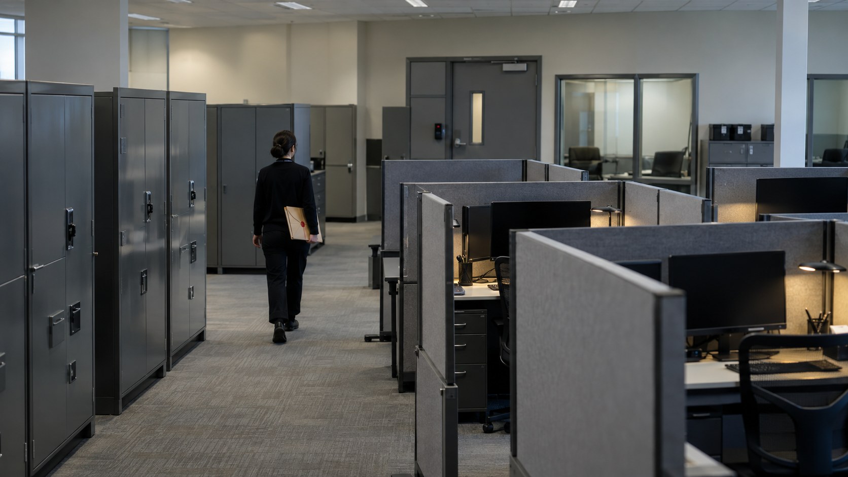A staff member carries a sealed folder through a secure moderation room lined with partitioned review stations and locked document cabinets.
