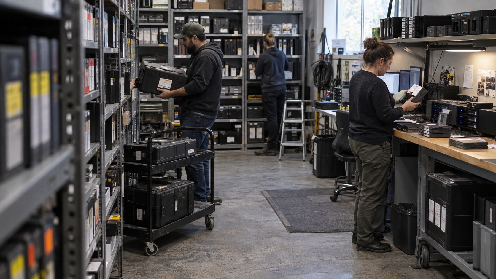 Three media technicians move archive cases and verify video files among shelves and an ingest station in a working.