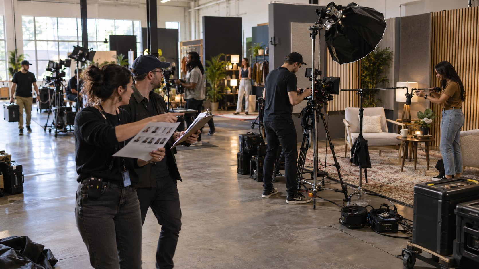 Operations staff compare creator profile sheets while technicians prepare cameras, microphones.