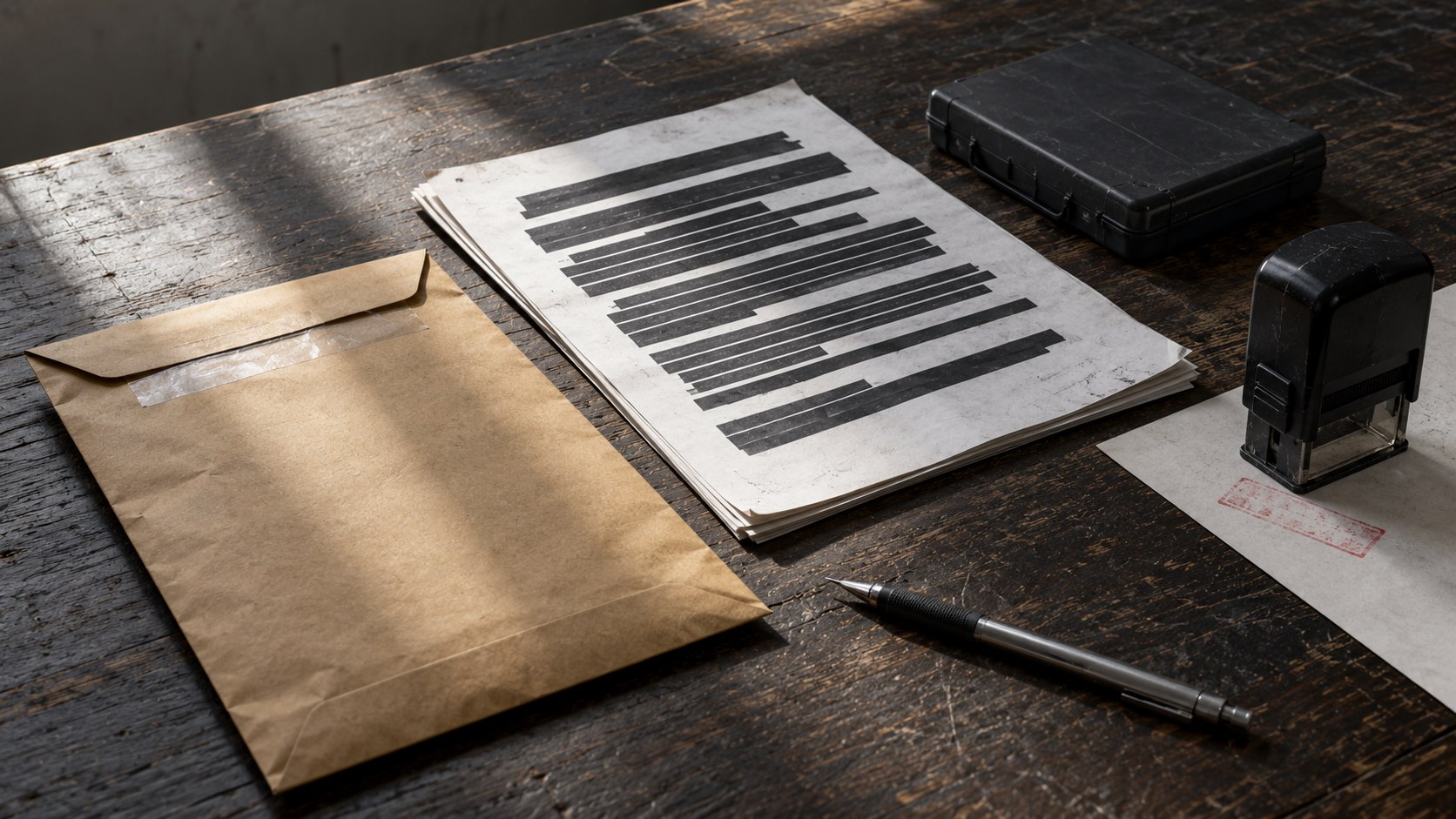 Sealed kraft envelope, redacted report, media case, approval stamp and mechanical pencil on a scarred wooden table in strong side light.