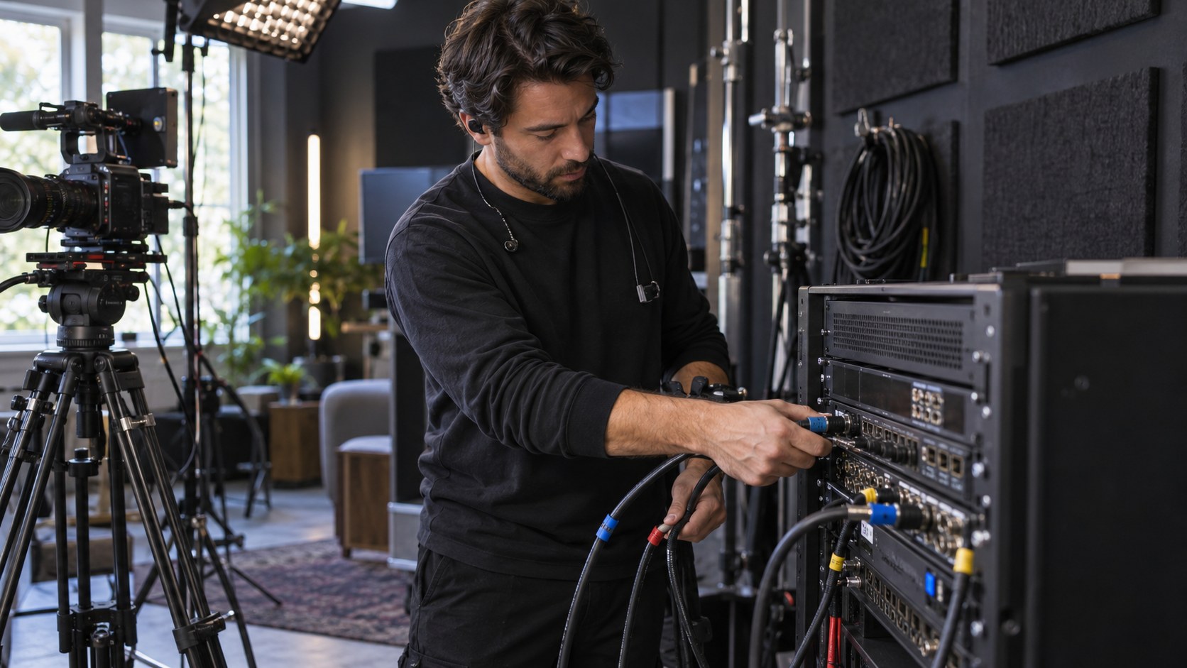 Broadcast producer connects color-banded cables to an encoder rack beside a studio camera, acoustic panels, and lighting stands.