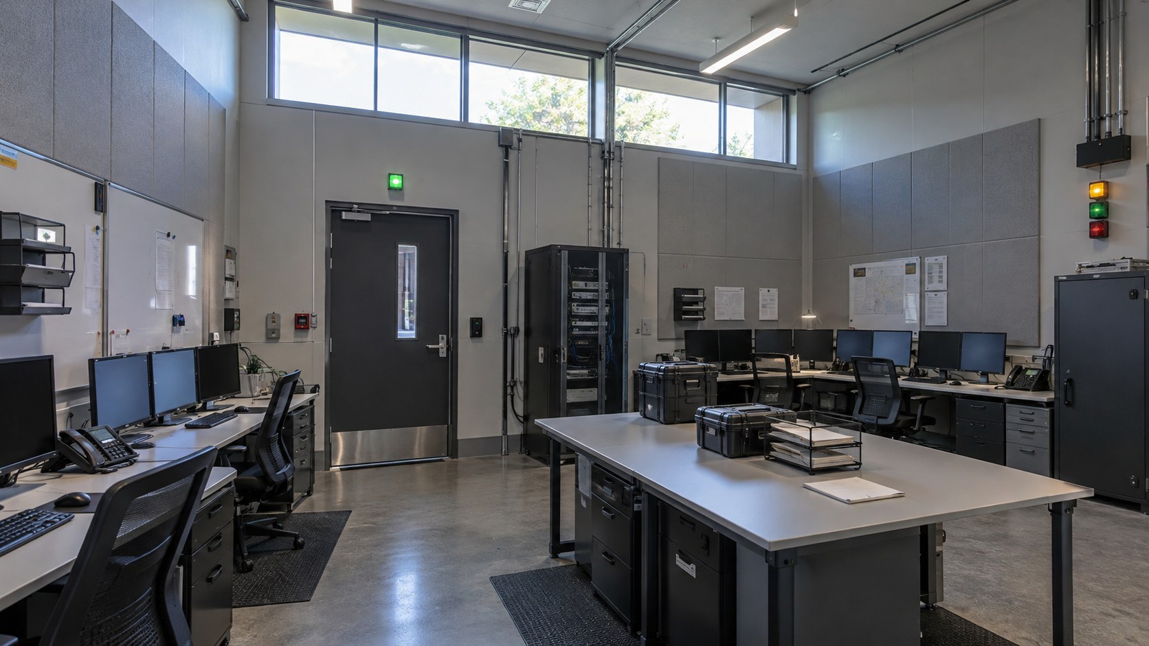 Wide view of a secured operations room with status lights, document trays, separate workstations.