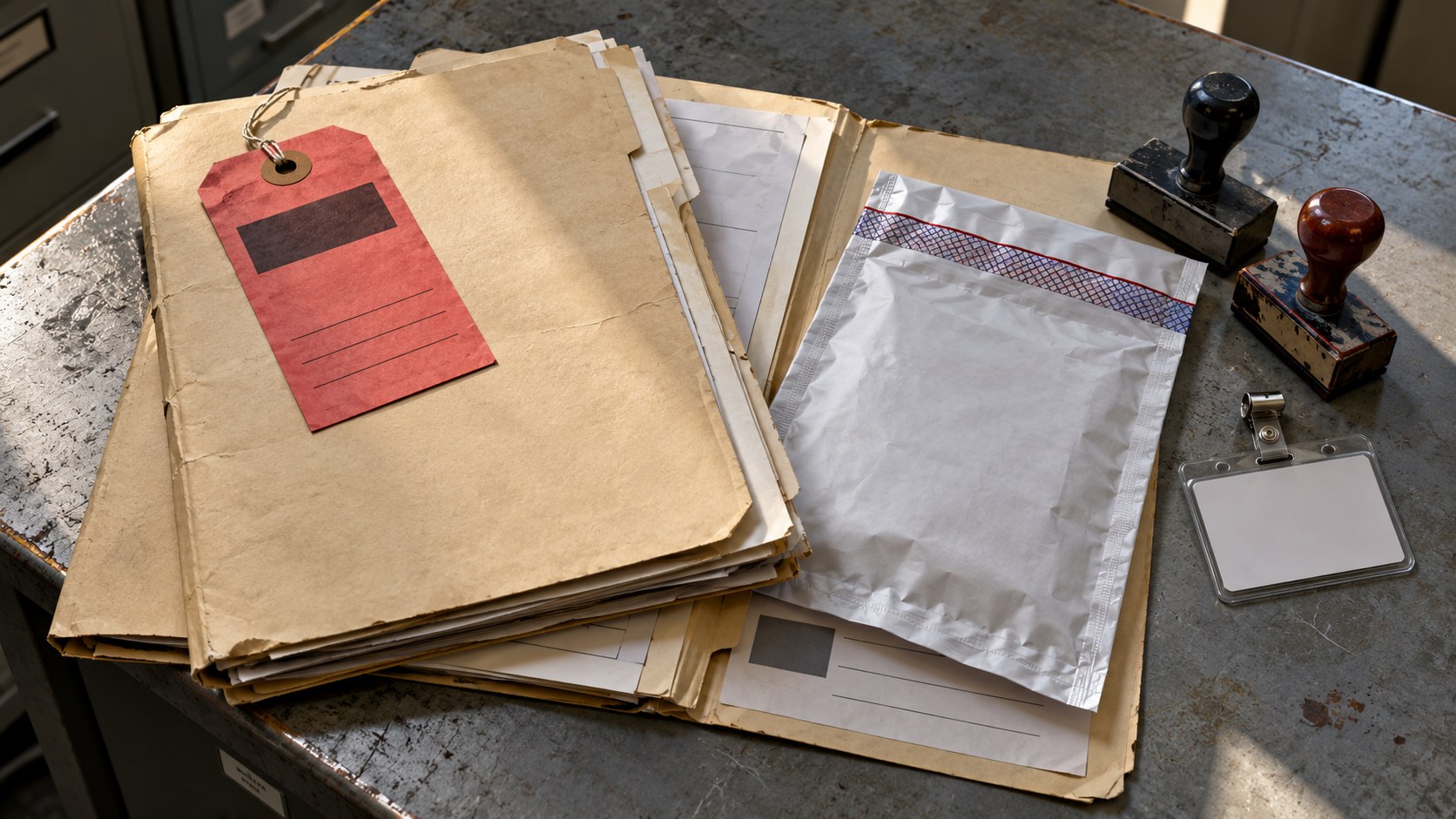 Worn case folders, a blank access badge, approval stamps, sealed evidence envelope, and red payout hold tag on a scuffed counter in strong daylight.