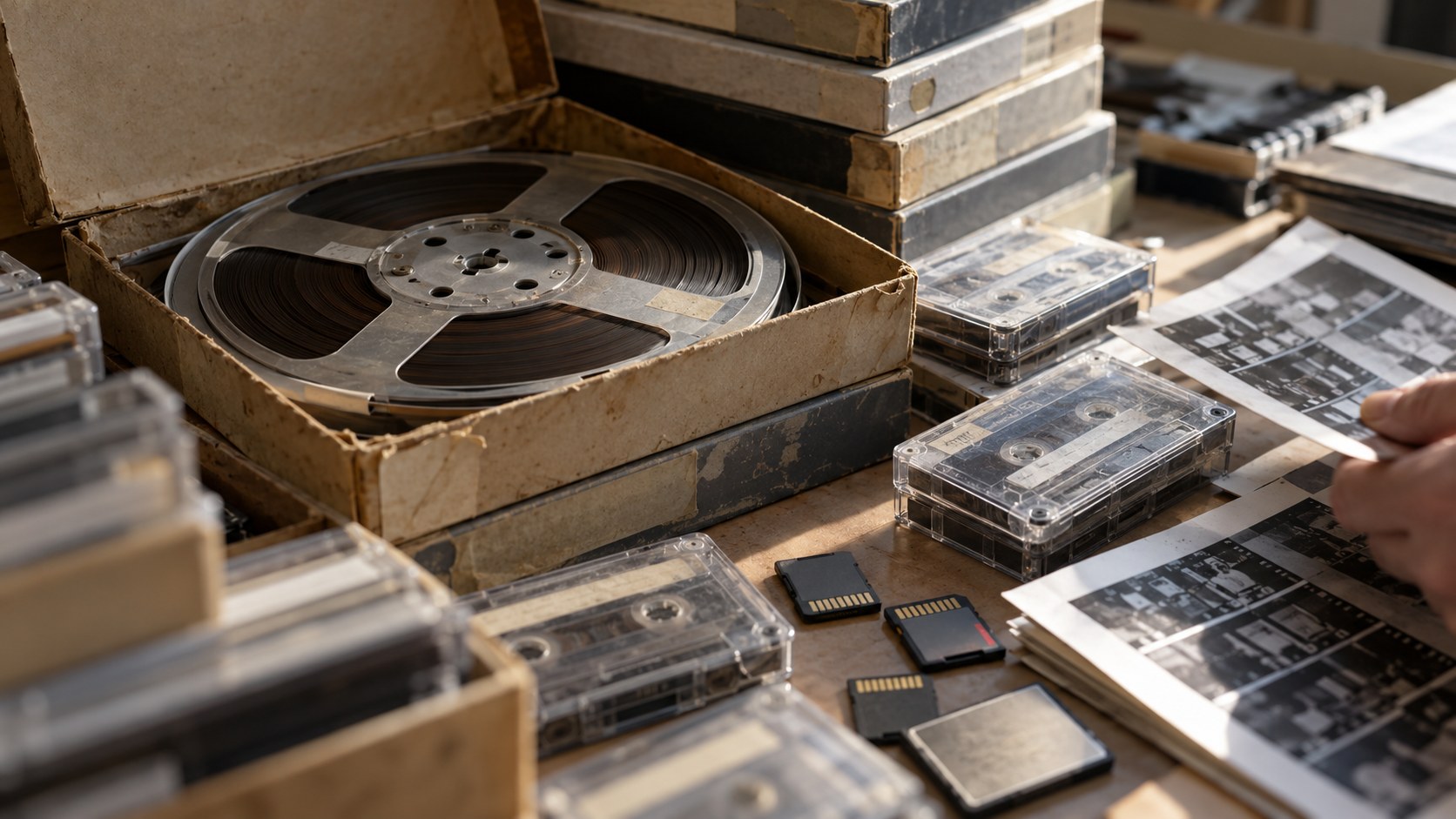 Worn reel boxes, audio cassettes, memory cards and black-and-white contact sheets being sorted on a sunlit music archive bench.