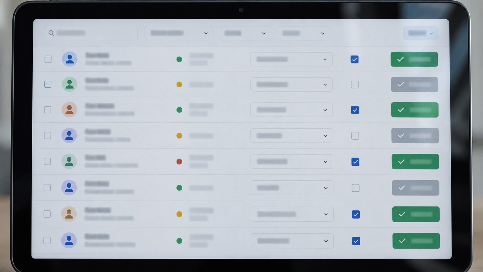 Close frontal view of a tablet displaying an unbranded access-review interface with account rows, role selectors, status icons, checkboxes, and confirmation controls.