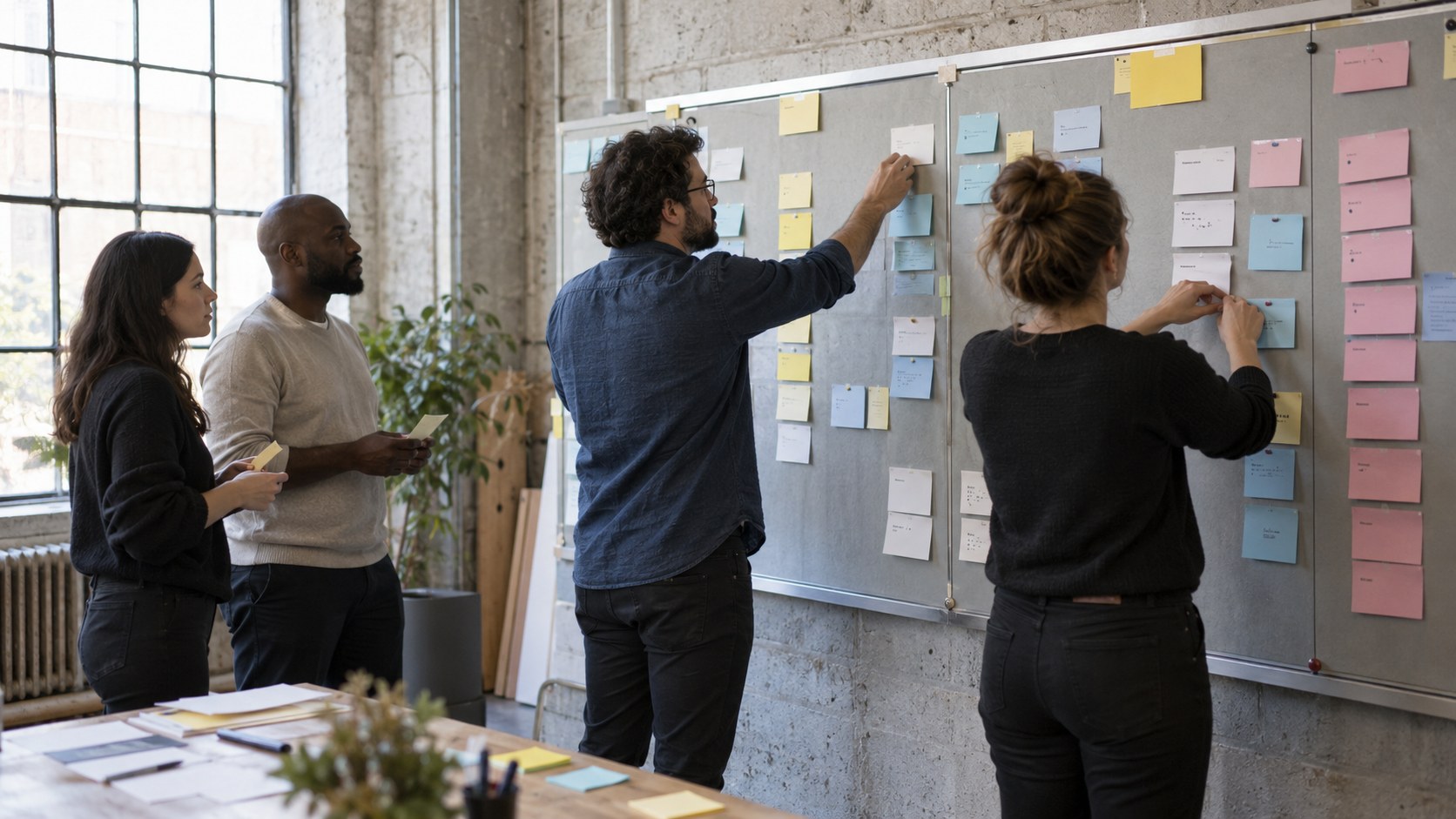 Four platform operations staff sort pricing and payment workstream cards on a wall in a daylight-filled industrial project room.