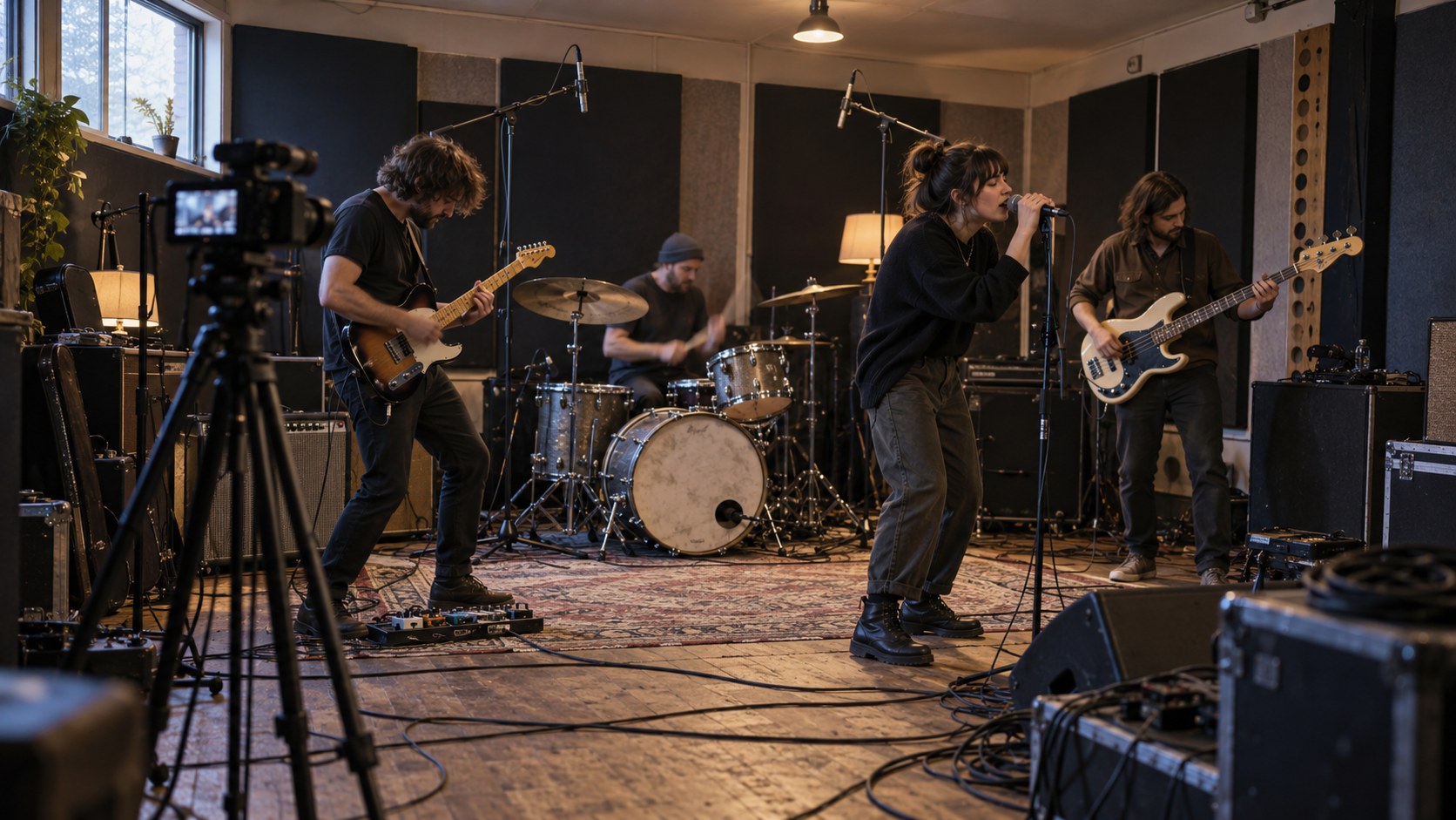 Four-piece band rehearses in a working studio as a tripod camera and overhead microphones record among instruments, acoustic panels and floor cables.