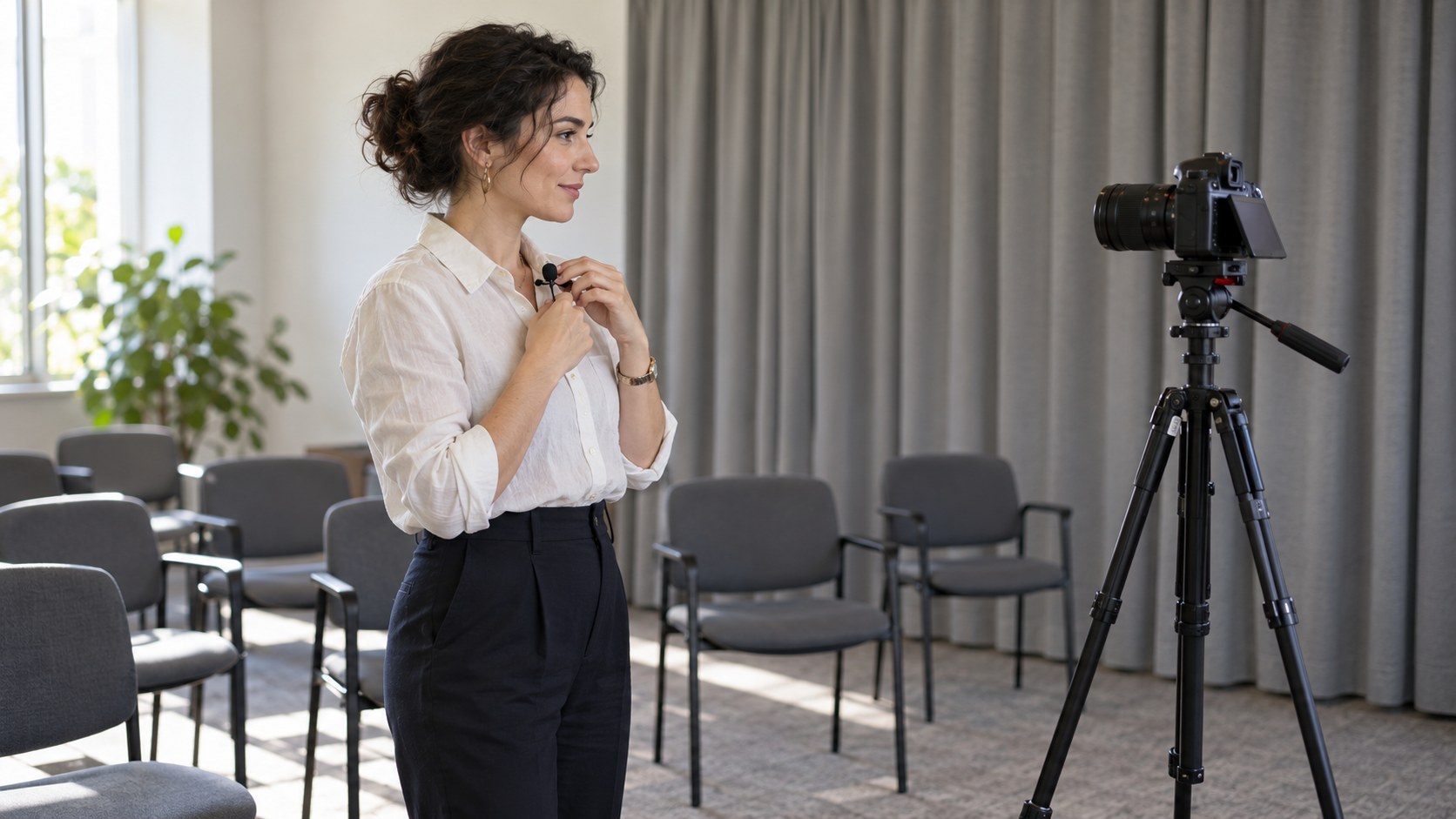 Language instructor clips a microphone to her collar beside a tripod-mounted camera in a naturally lit practice room with empty chairs and acoustic curtains.