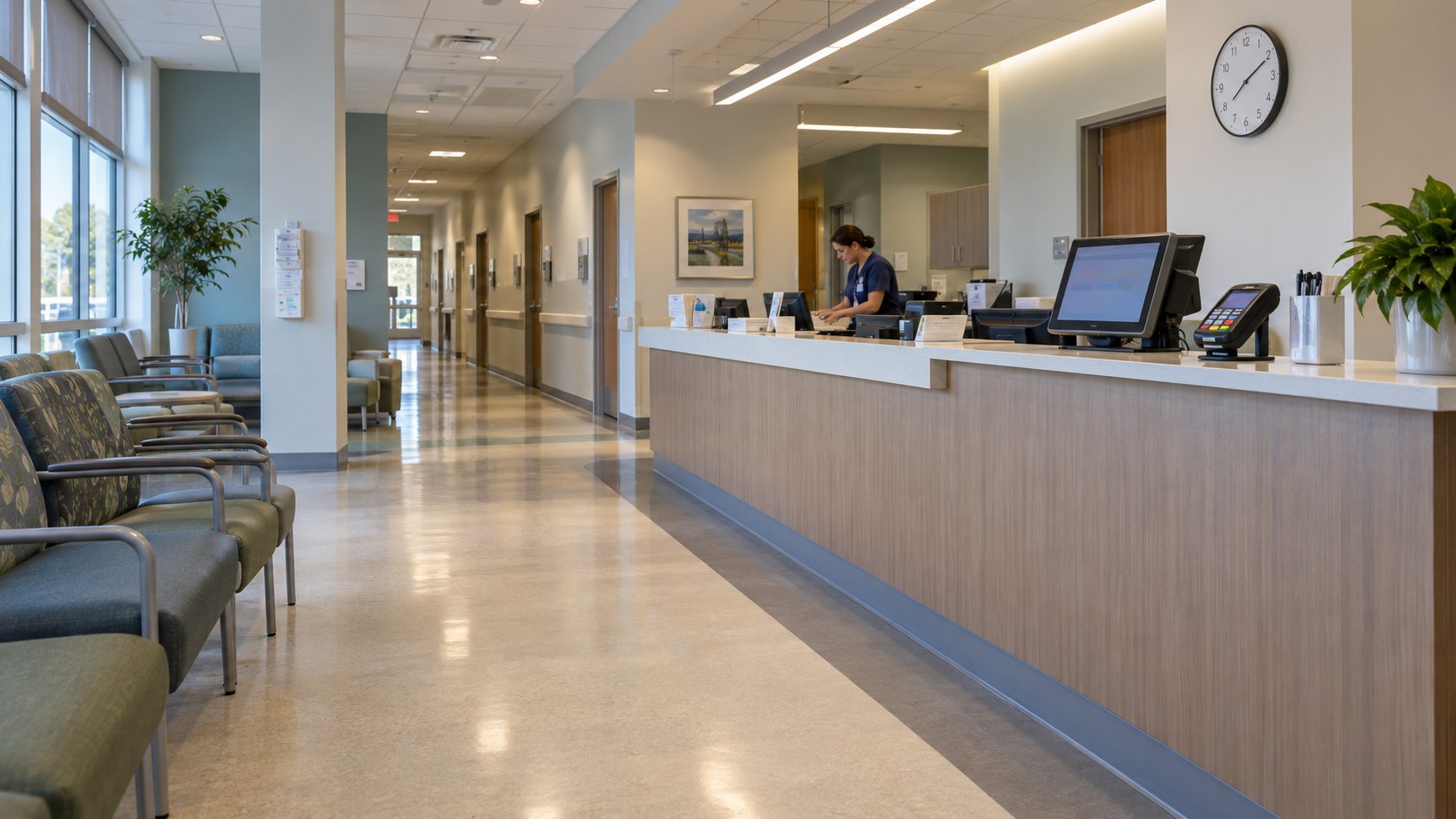 Wide clinic reception with waiting chairs, check-in terminal, card reader, wall clock, and a staff member working behind the counter.