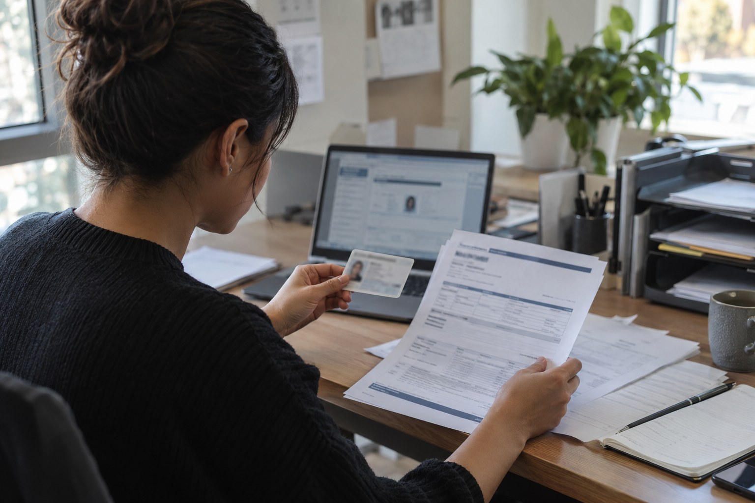 Operations lead checking creator records and payout documents in a small office