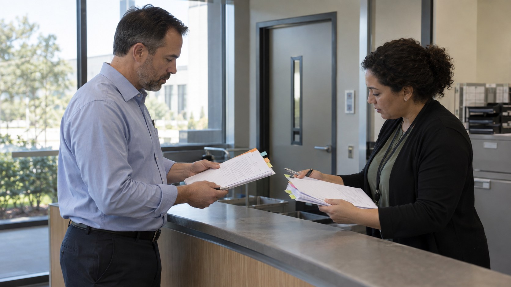 Finance controller and support lead compare tabbed payout and access packets across an office counter in natural.