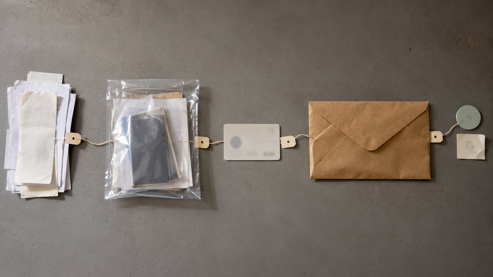 Overhead view of transaction slips, an evidence sleeve, identity card, payout envelope, and approval markers linked across a plain worktable.