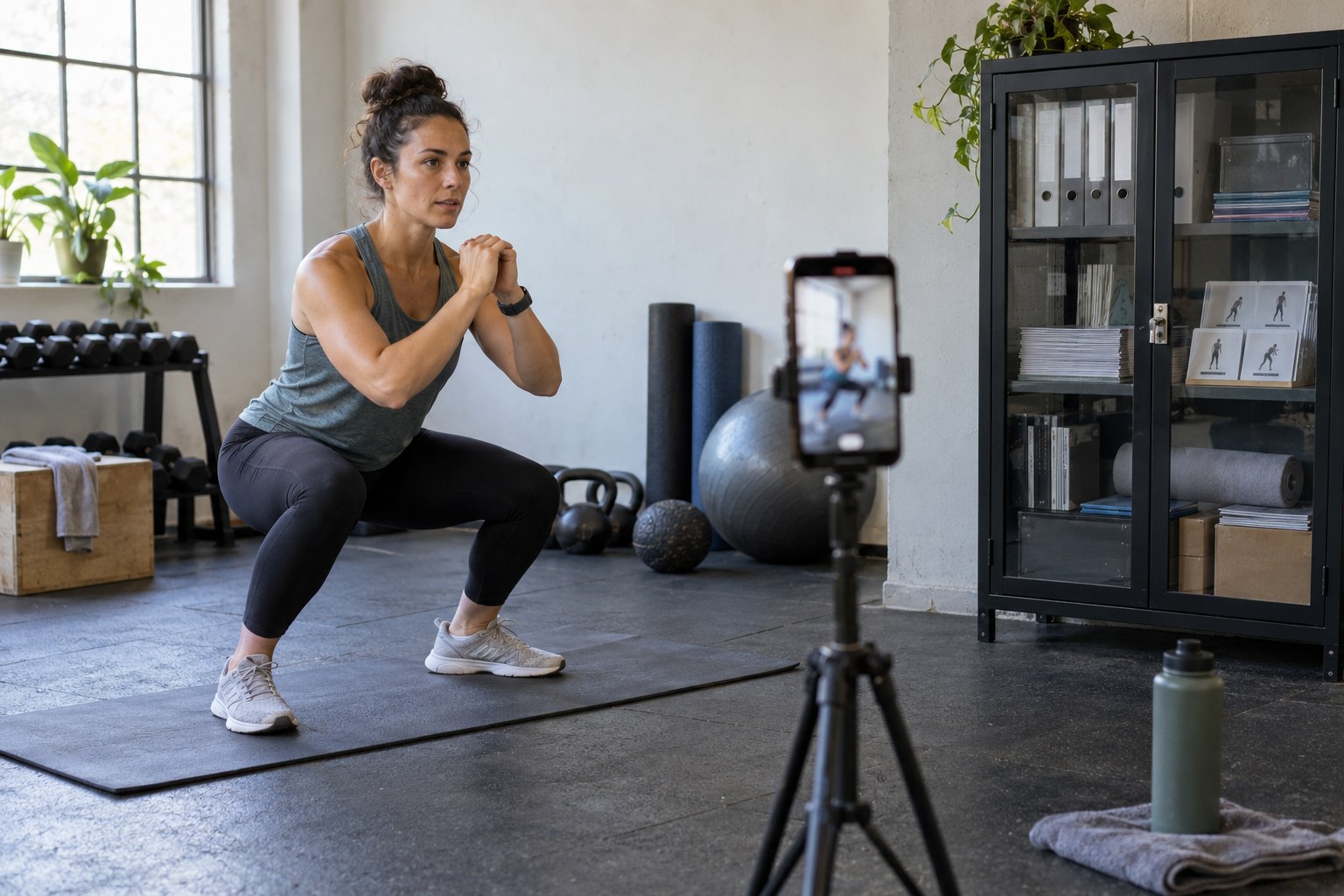 Fitness creator recording a public preview beside protected program materials