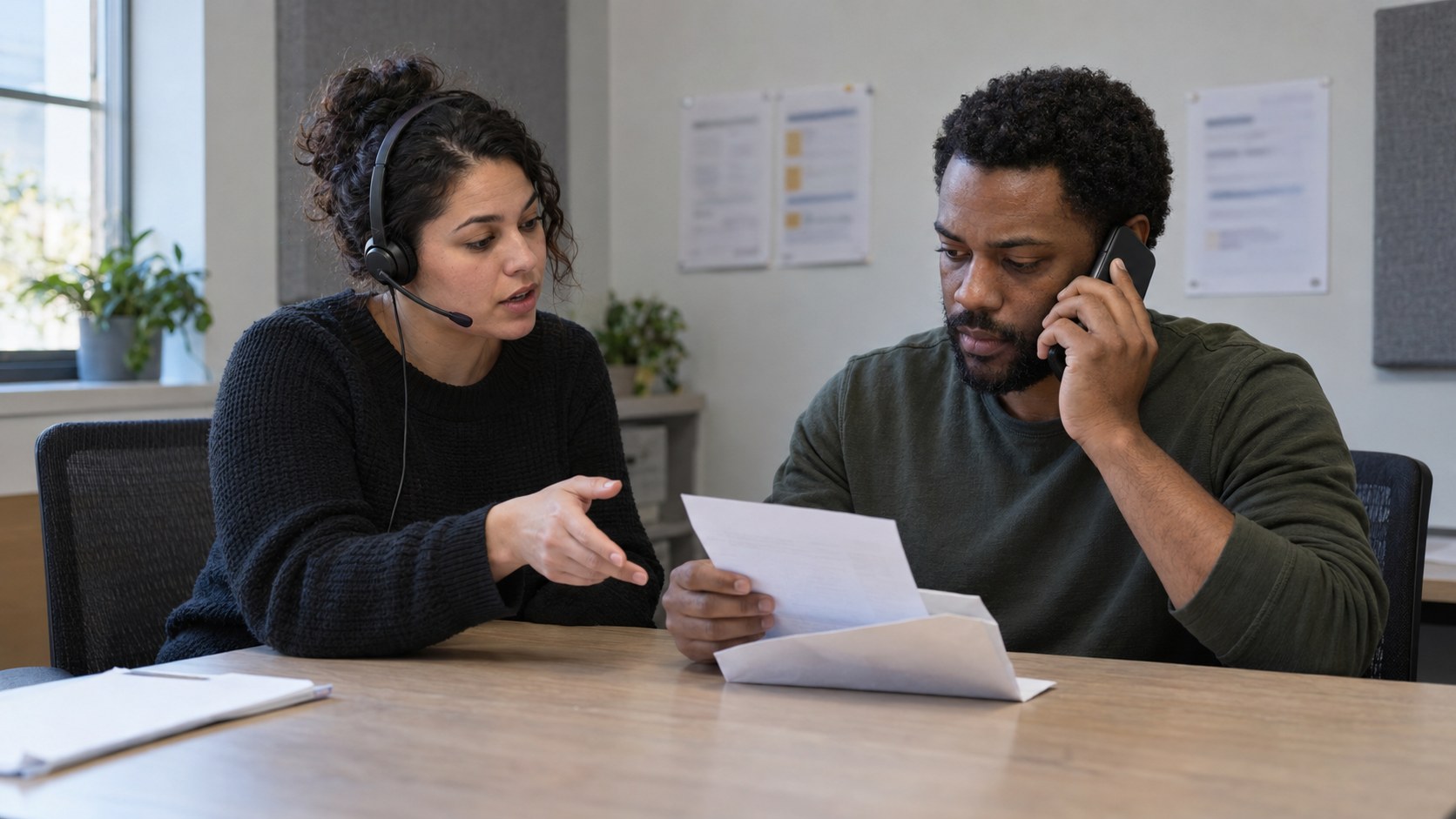 A support specialist in a headset guides a creator on a phone call as he reviews documents from a verification envelope.