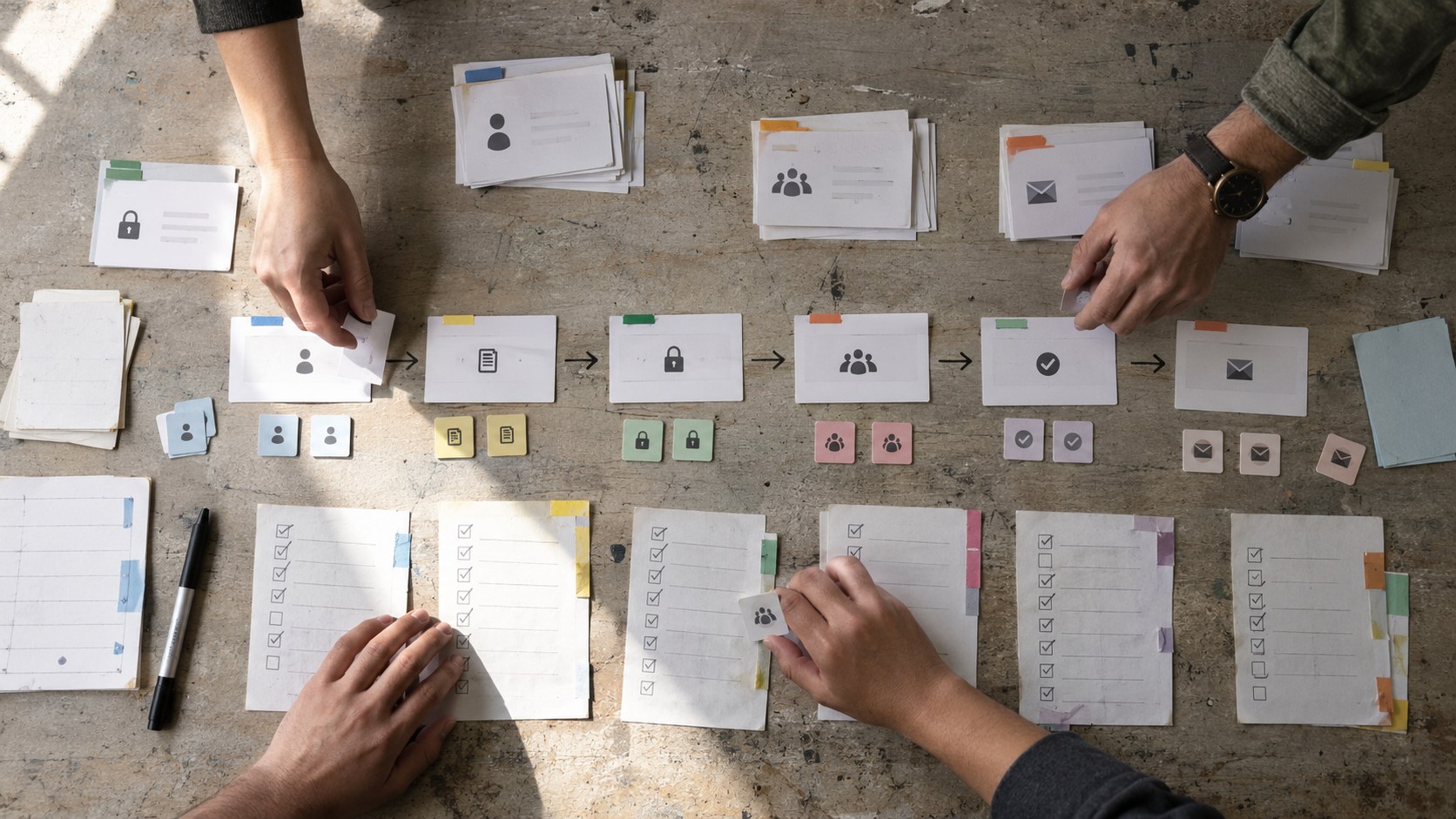 Overhead view of several hands arranging account cards, access tokens, check sheets, and notification cards.