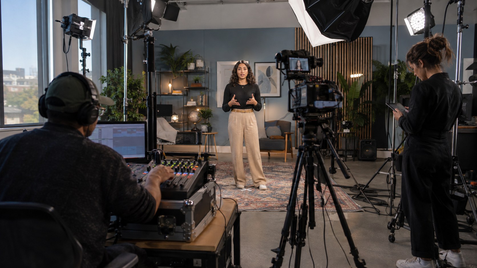 A presenter rehearses on camera in a working video studio while a headphone-wearing producer adjusts audio and a.