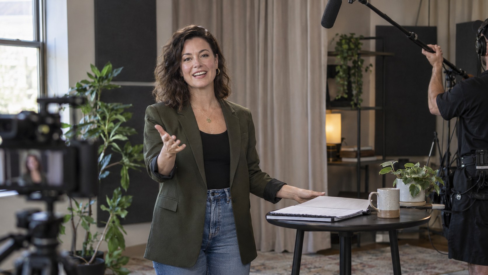 Studio host welcomes members on camera while gesturing toward lesson notes as a producer adjusts a boom microphone