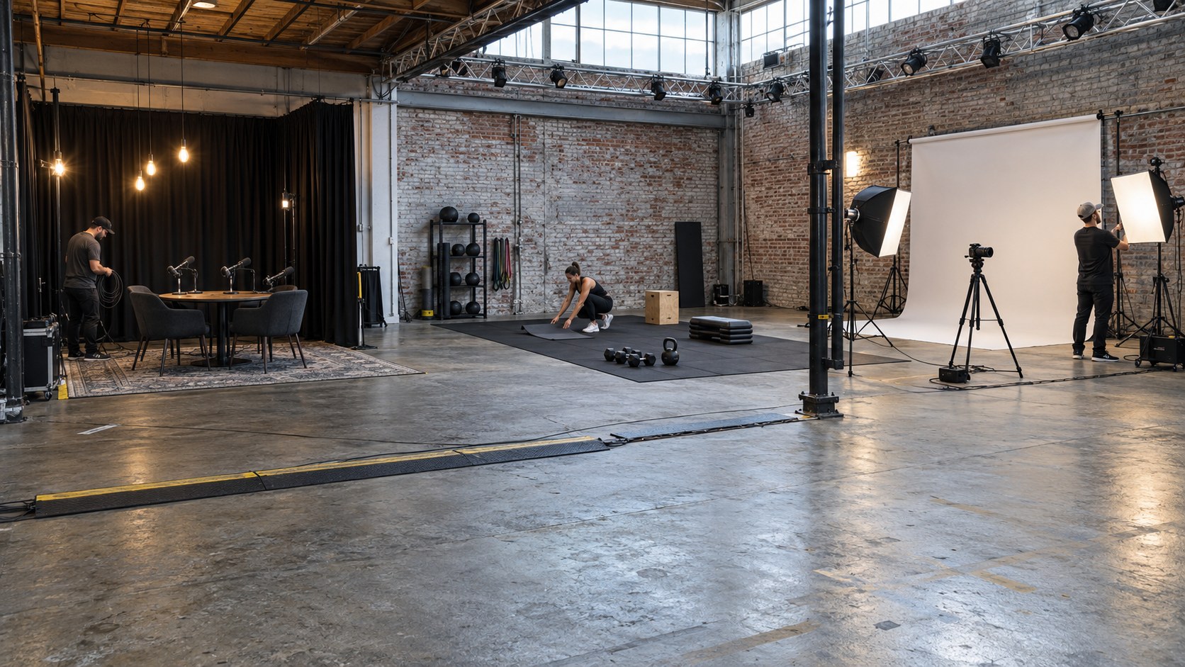 Wide warehouse production studio with podcast, fitness and video zones as three staff members prepare microphones.