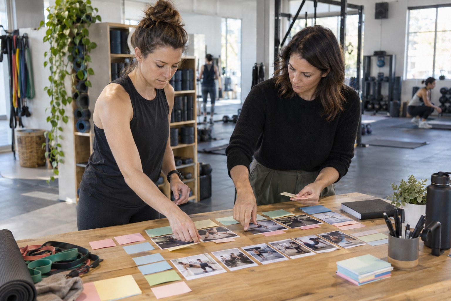 Fitness educator and studio manager mapping a branded membership journey