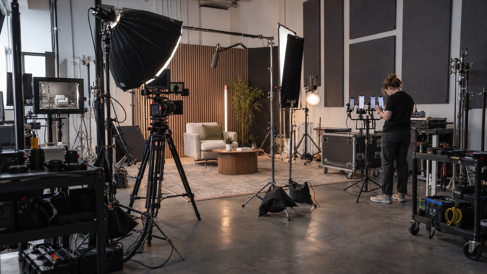 Wide view of a working media studio where a technician tests several mounted smartphones among cameras, lights, acoustic panels, and production gear.