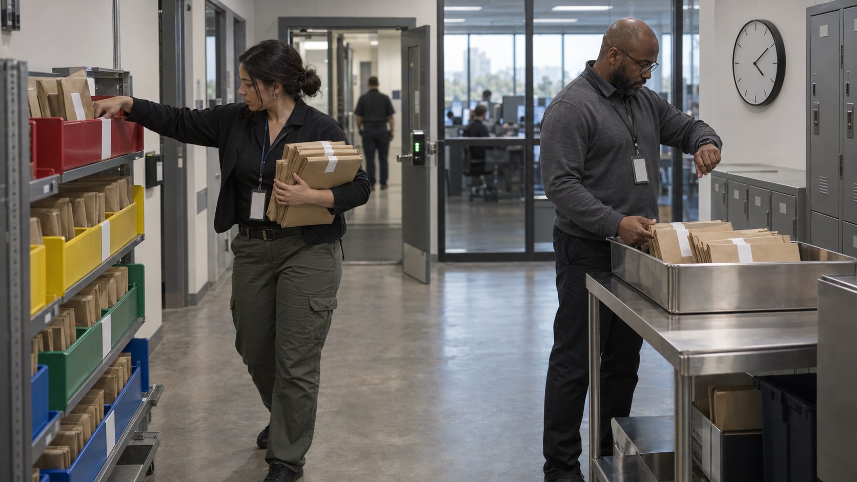Two operations staff transfer sealed case folders between priority racks and a collection tray during a shift handoff in a secure workplace.