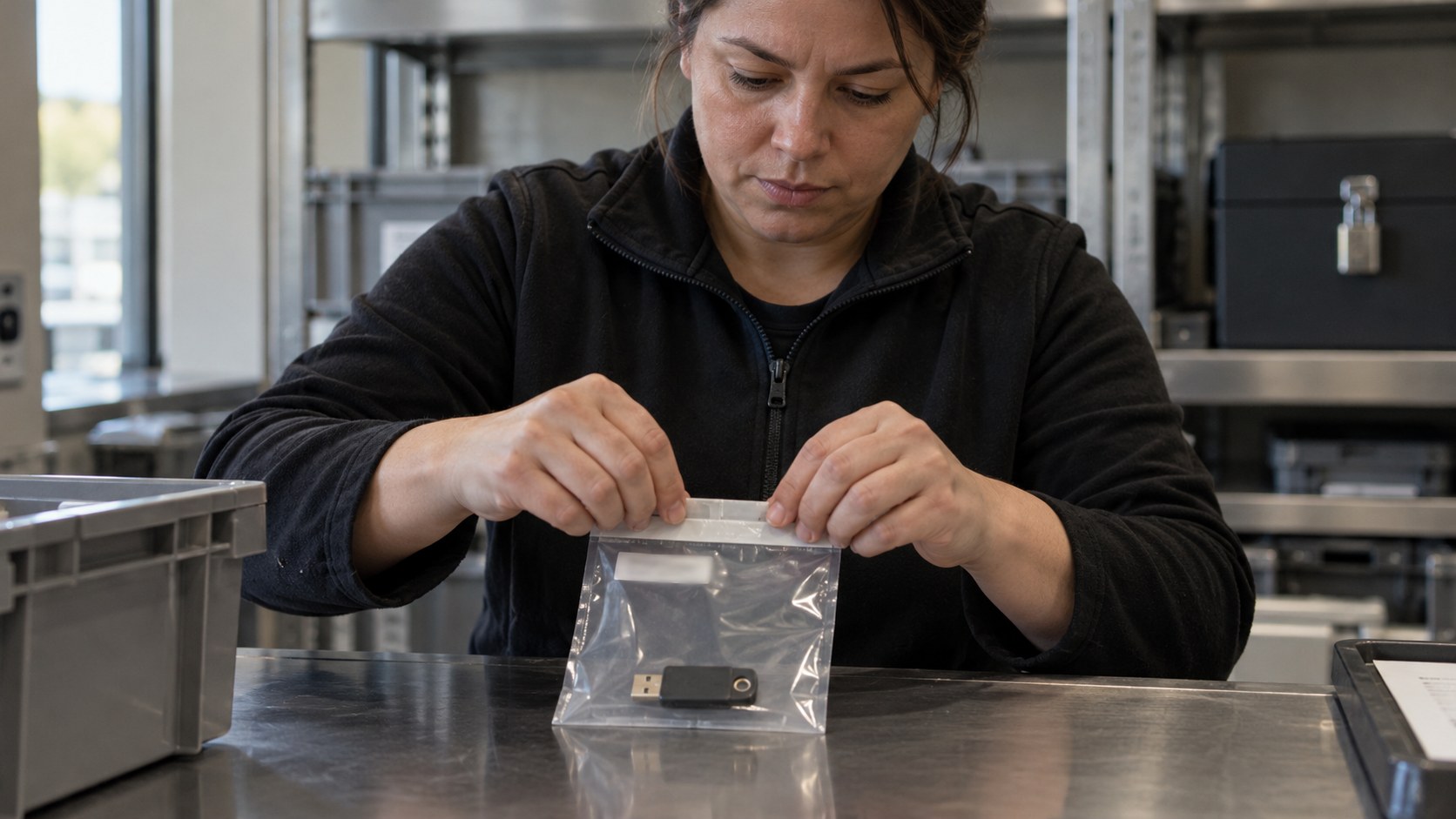 Operations lead seals a hardware security key inside a tamper-evident pouch at a secure equipment counter.