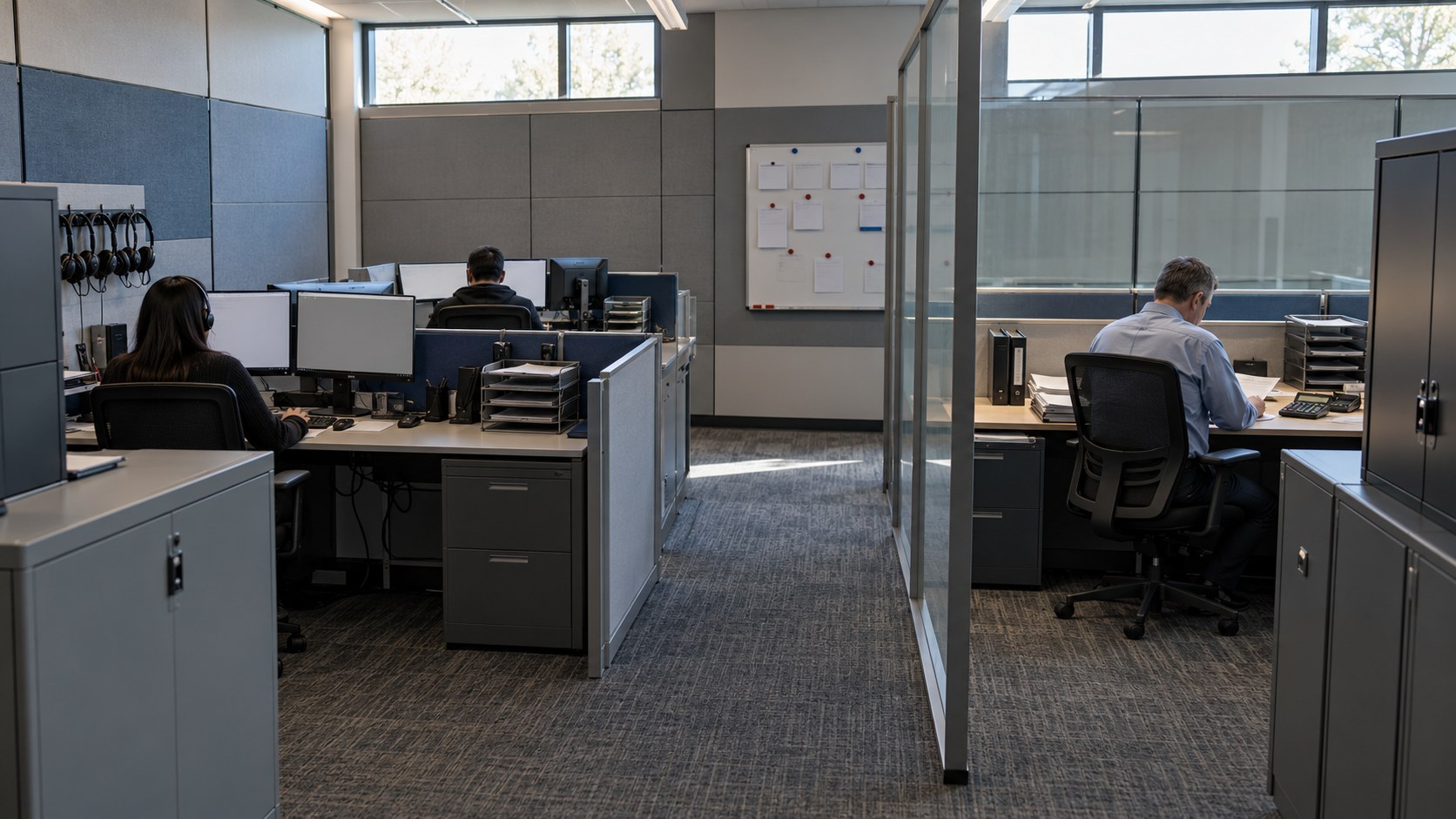 Wide operations room with separated moderation and finance stations, secure document trays, an incident board, and staff working independently.