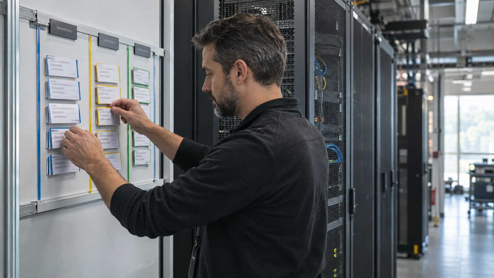 Side view of an operations lead sorting color-edged migration status cards.